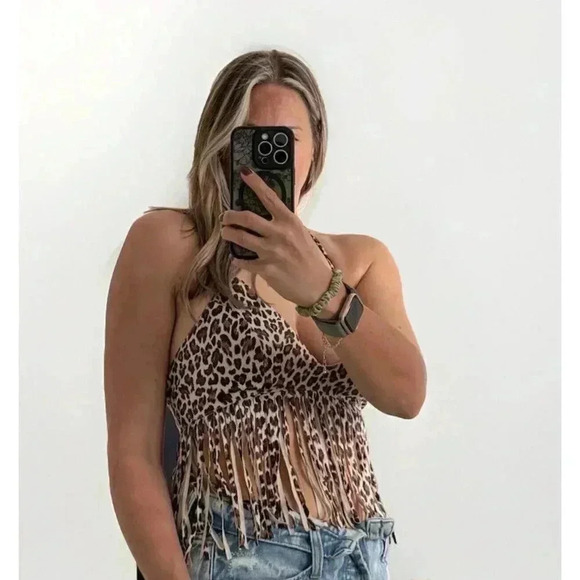Animal Print Halter Bra Top Size Large Fringe Festival Suede Fest - Picture 1 of 8
